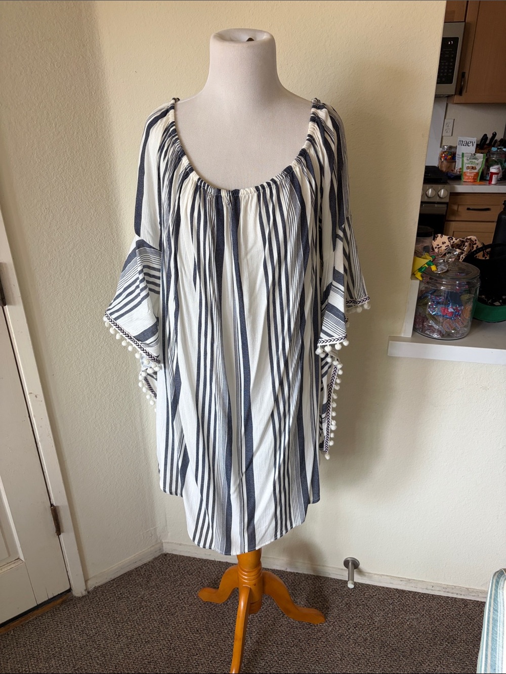 Striped White and Navy Mini Dress with Pom Trim